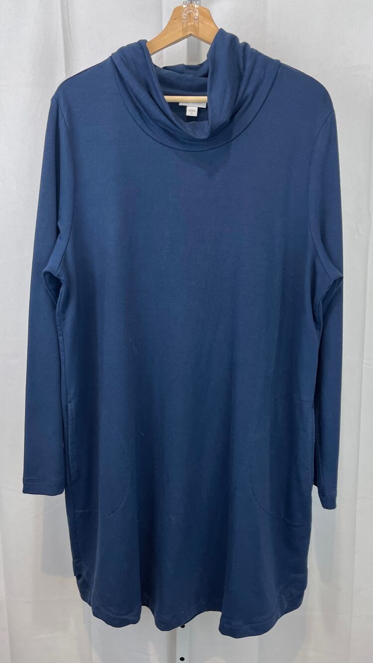 J. JILL Pure Luxe Tencel Knit Cowl Neck Shift Dress Long Sleeve Pockets Blue XL